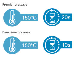 Temps et température : premier pressage 150°C - 20 secondes ; deuxième pressage 150°C - 10 secondes