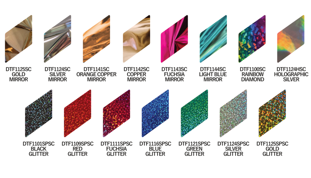 DTF-Metallic-Folien mit Spiegel-, Glitzer- und Holografie-Effekten - in verschiedenen Farben erhältlich